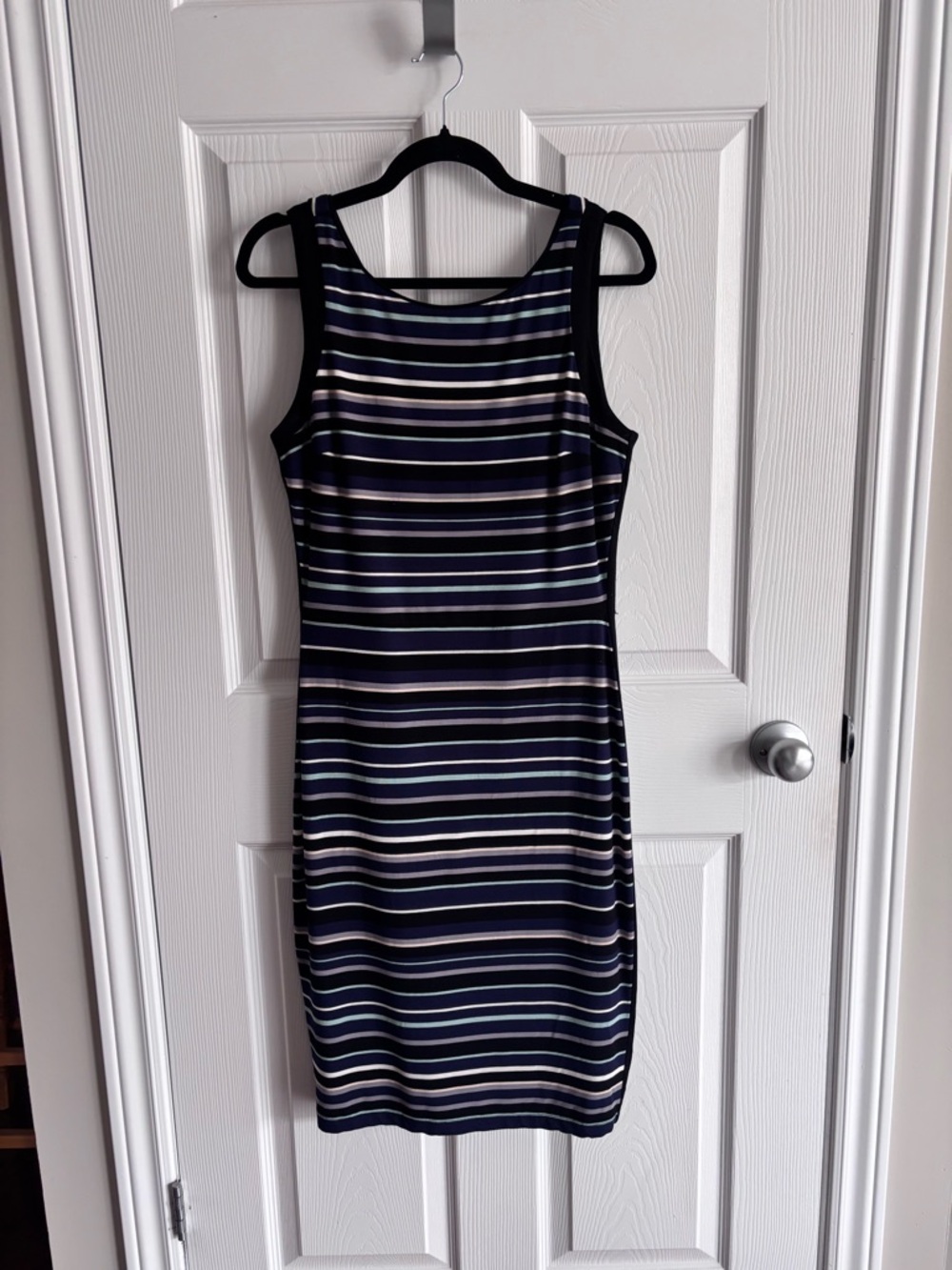 White House Black Market Navy and White Striped Midi Sheath Dress